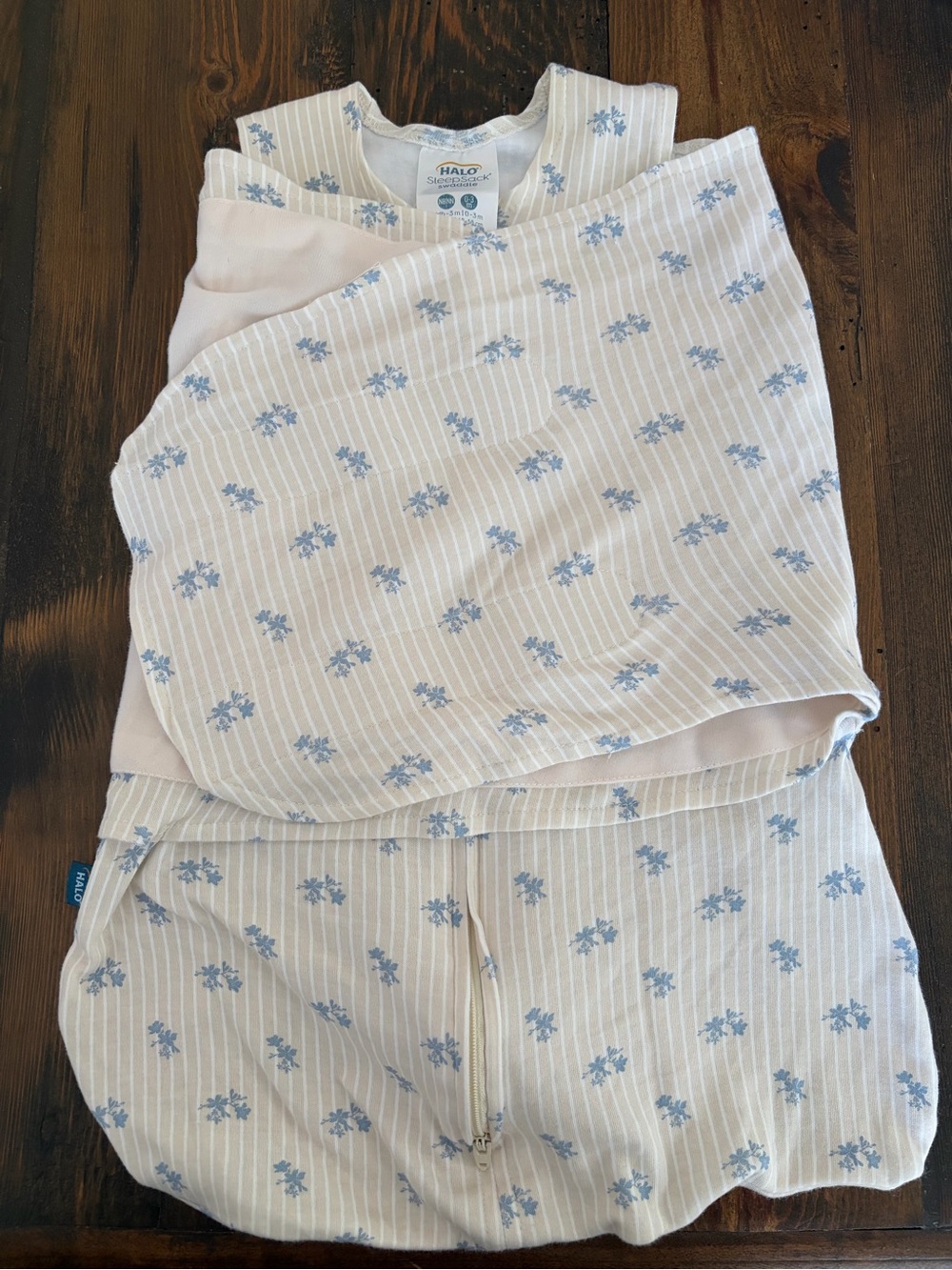 Halo Cream Swaddle Sleep Sack with Blue Floral Stripes